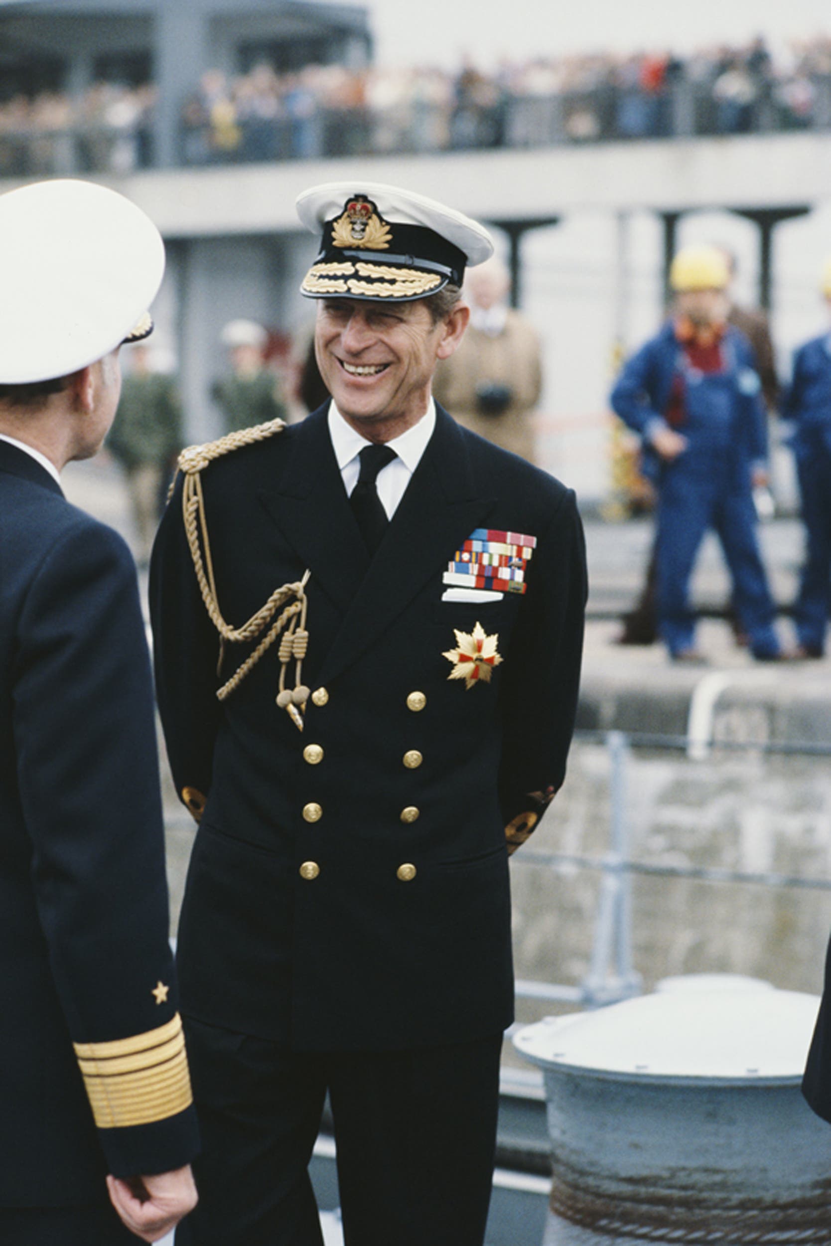 Sewing house Gieves & Hawkes was in charge of Prince Philip's navy uniform (here on a state visit to Bremerhaven in 1978).  Image credit: Getty Images